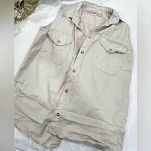 Sleeveless Button-Front Utility Shirt Vest in Light Beige